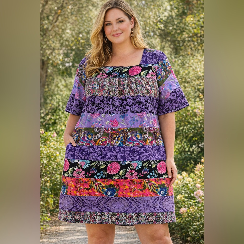 La Cera Floral Patchwork Purple Midi Dress 100% Cotton XL with Pockets Boho NWT